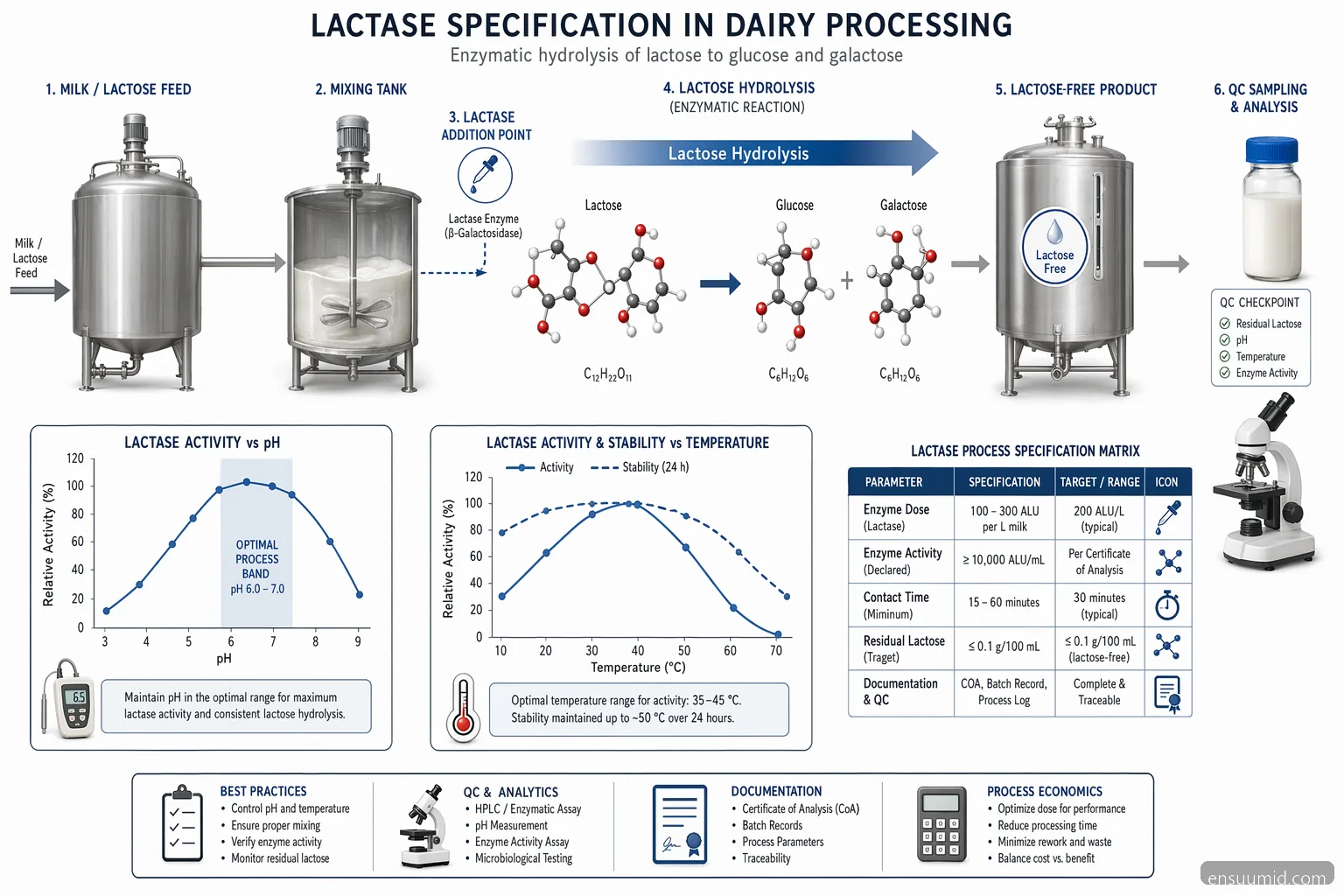 مخطط مواصفات enzim industri for dairy مع lactase: مسار تحلل اللاكتوز مع منحنيات ‏pH، الحرارة، الجرعة، وQC