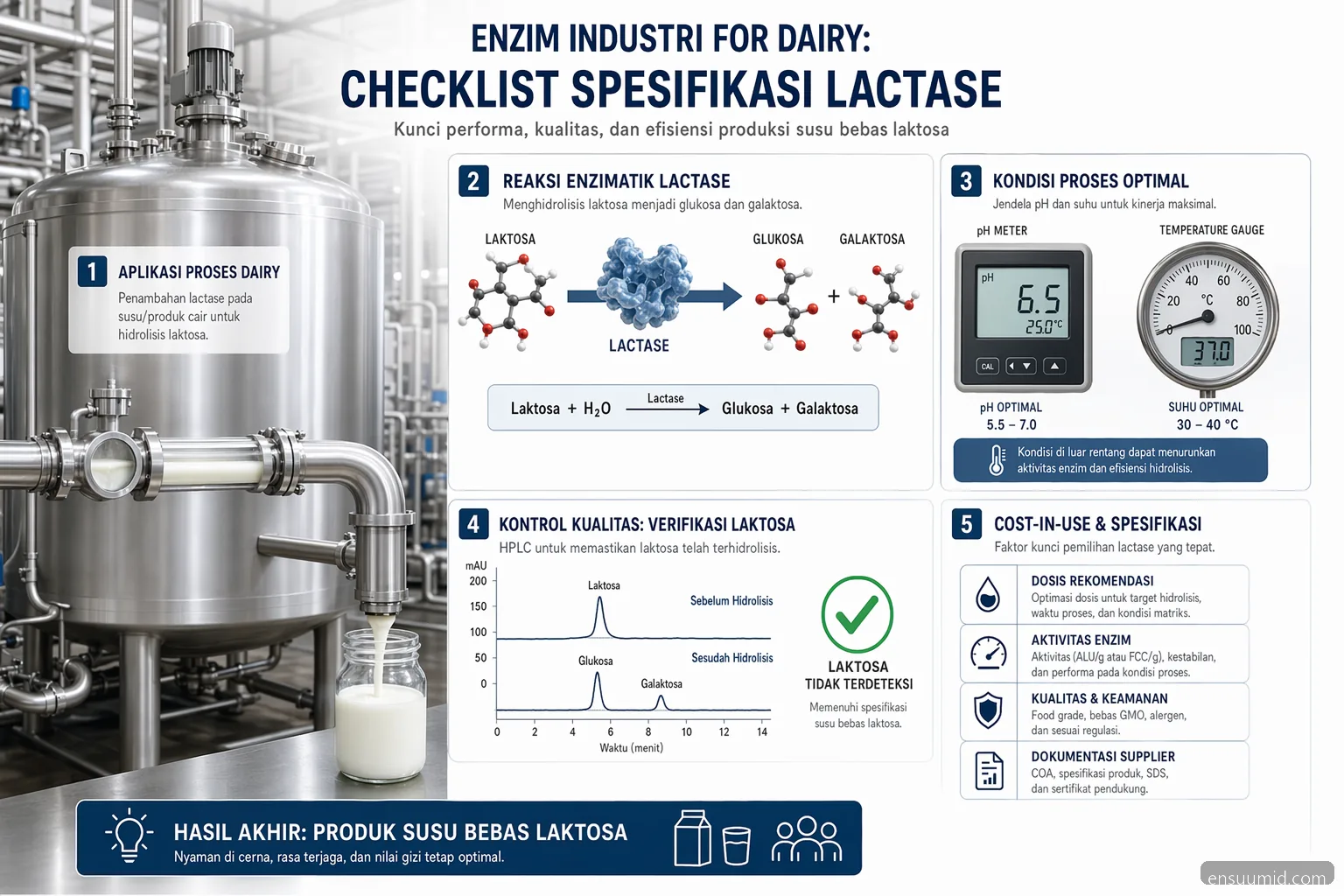 قائمة تحقق لenzim industri for dairy مع lactase: ‏pH، الحرارة، الجرعة، QC، وتكلفة الاستخدام في إنفوجرافيك واحد