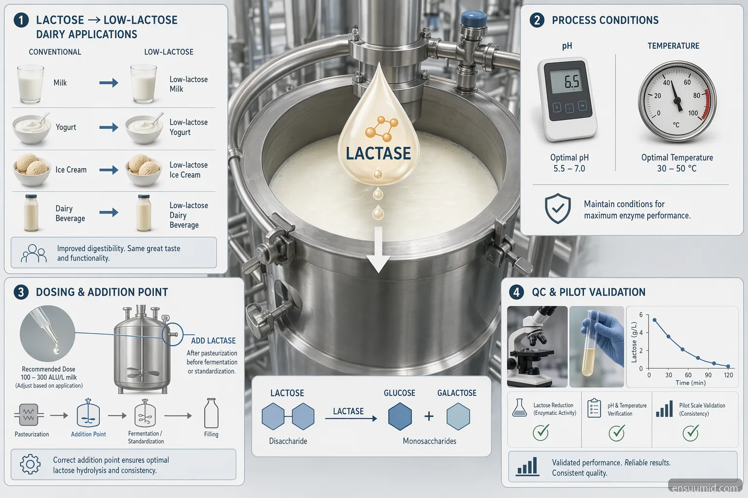Guide til enzim industri supplier for dairy med lactase, der viser dosering, pH-temperaturstyring, QC og leverandørtjek