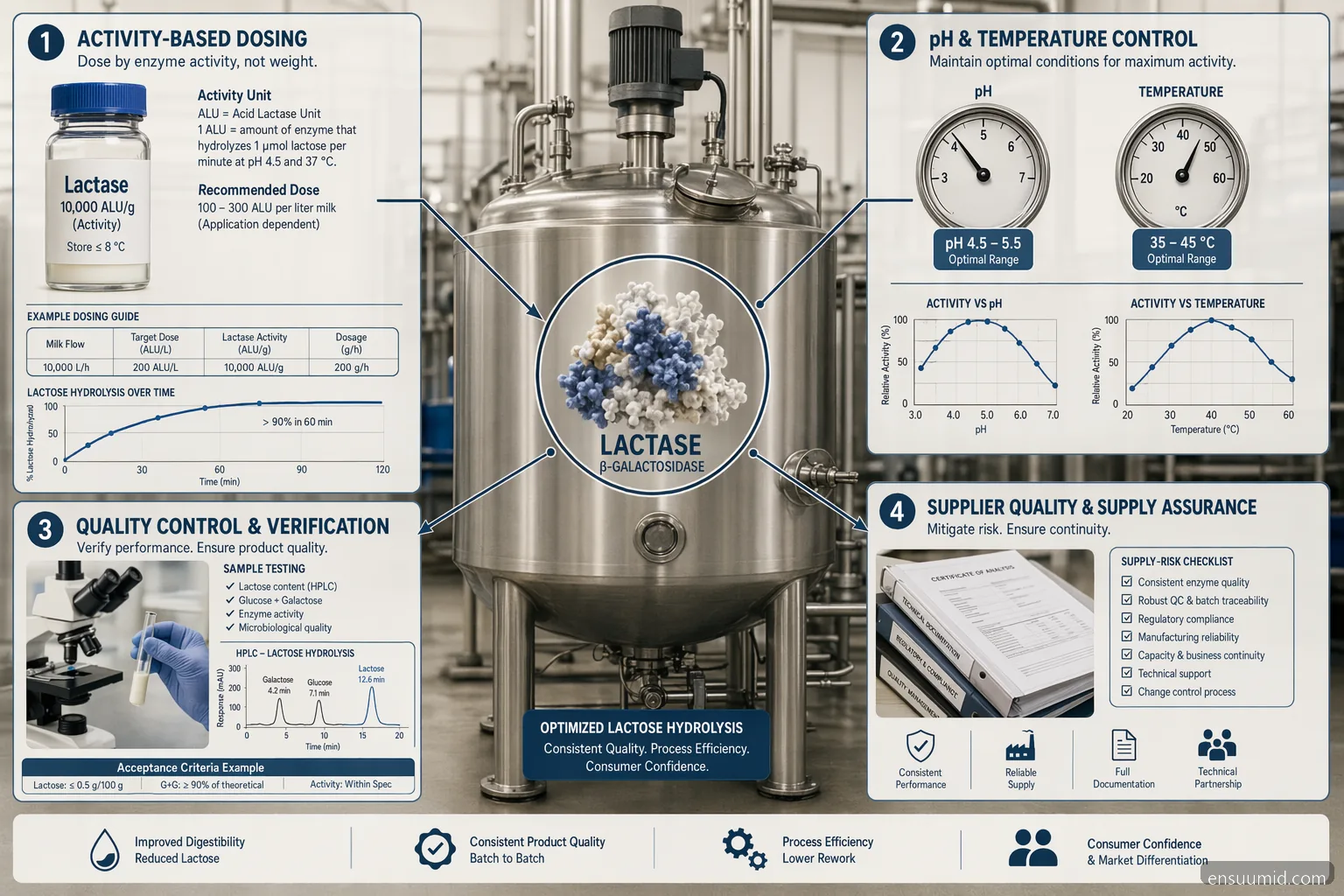 enzim laktase for dairy troubleshooting infographic with activity dosing, pH, temperature, QC, and supplier risk cues