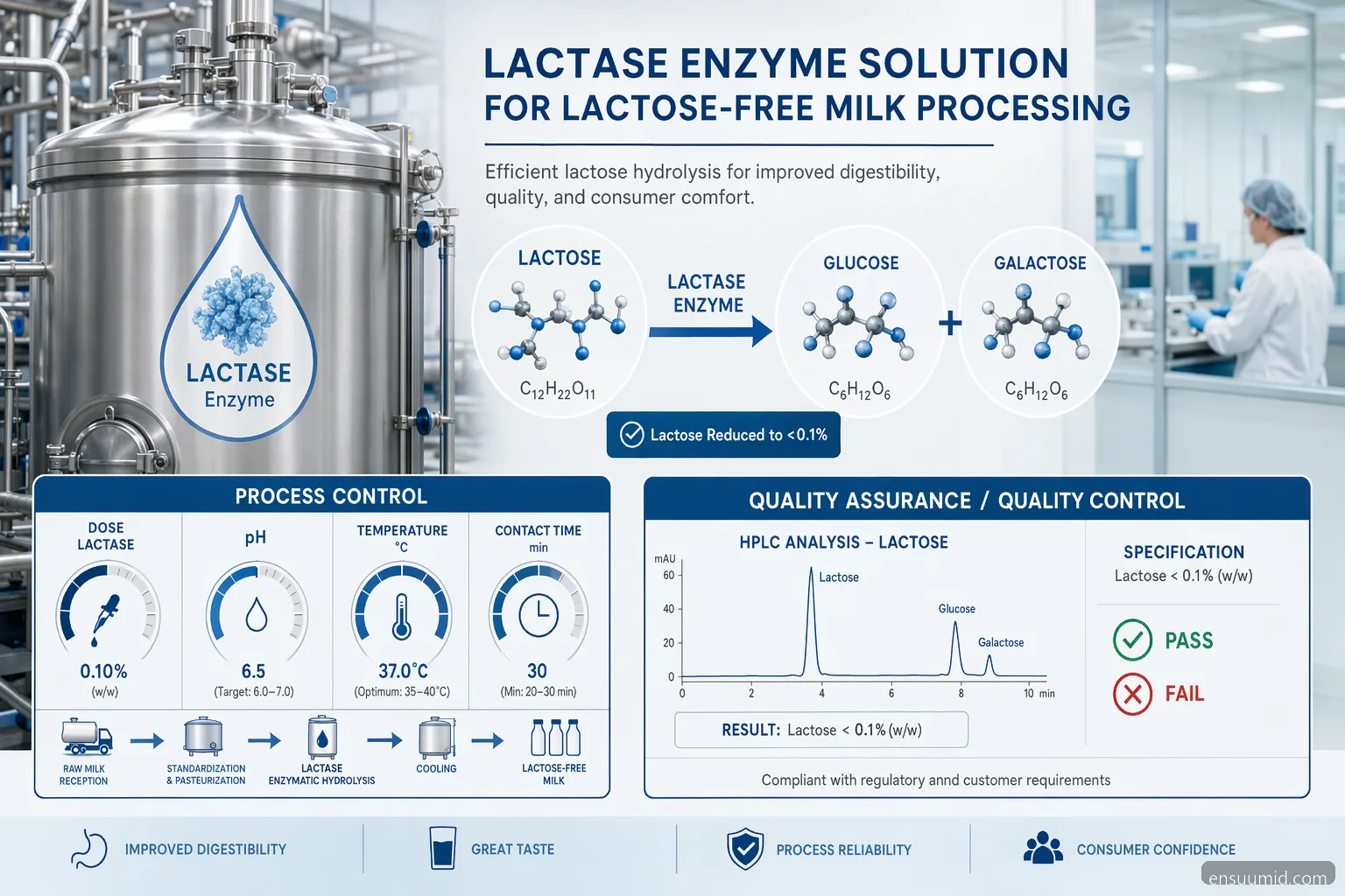 industrial enzim industri dairy lactase process controls for lactose-free milk, showing dose, pH, temperature and QC
