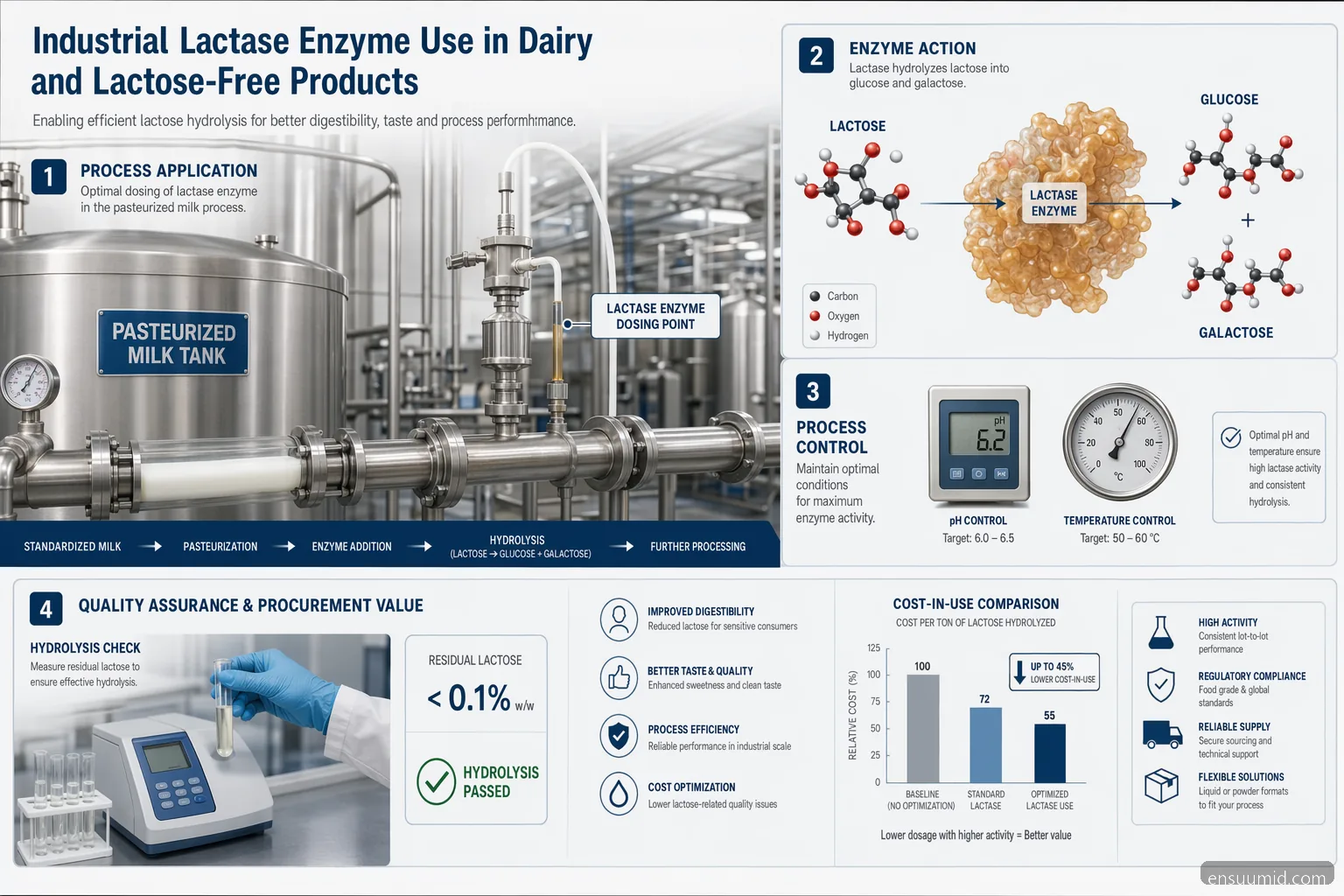 industrial enzim laktase dairyのガイド。投与量、工程管理、QC確認、cost-in-use要素を示す