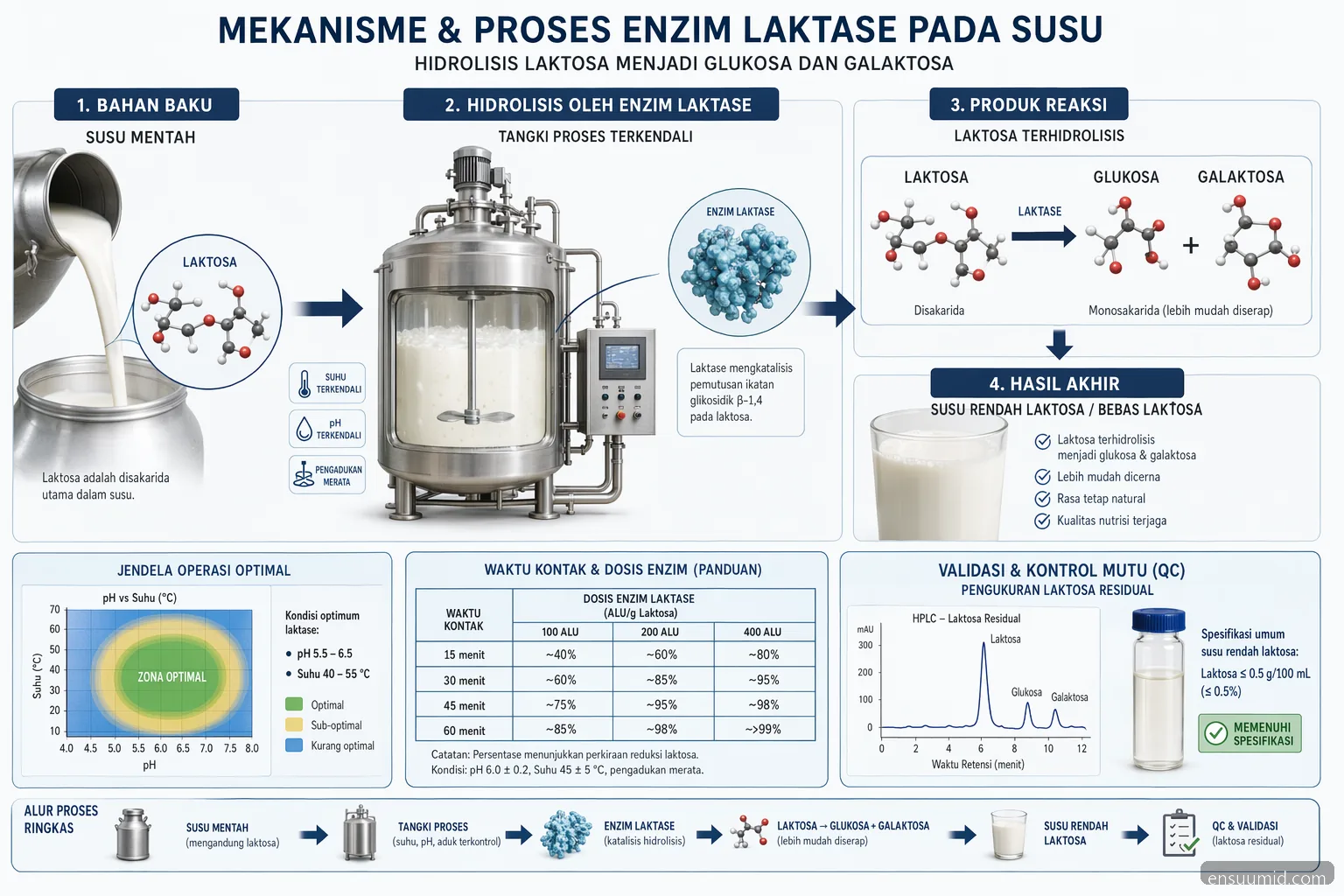 مخطط عملية lactase enzyme milk يوضح تحلل اللاكتوز، نافذة ‏pH-الحرارة، ومسار التحقق ‏QC