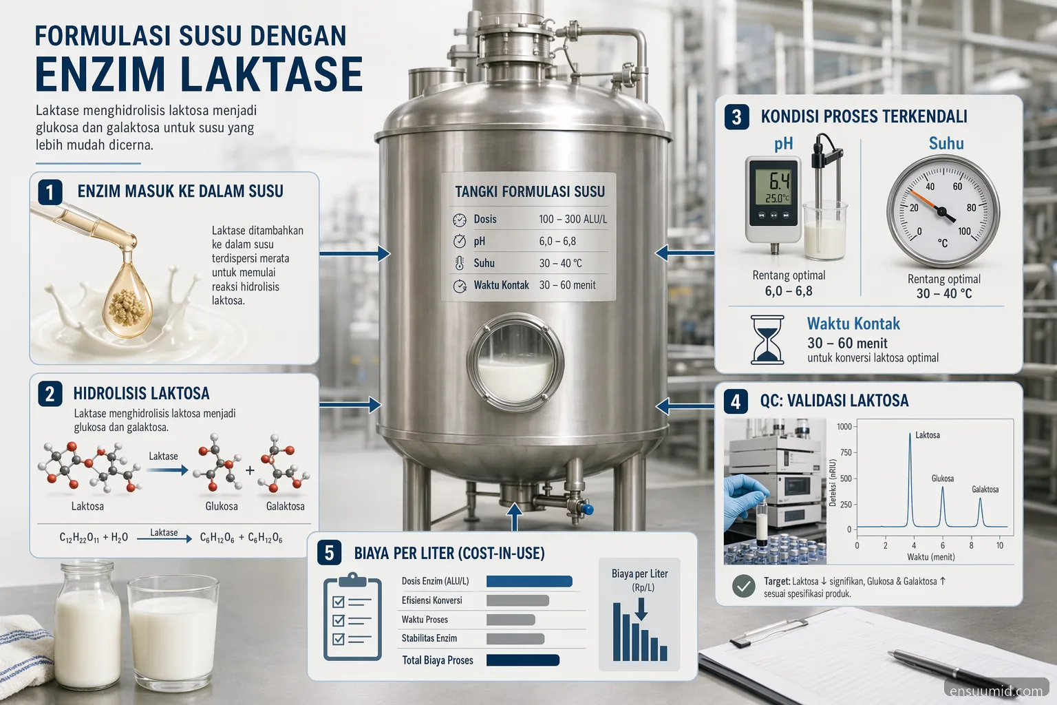 دليل تركيب lactase enzyme milk مع الجرعات، ‏pH، الحرارة، ‏QC، ونقاط مراقبة تكلفة الاستخدام