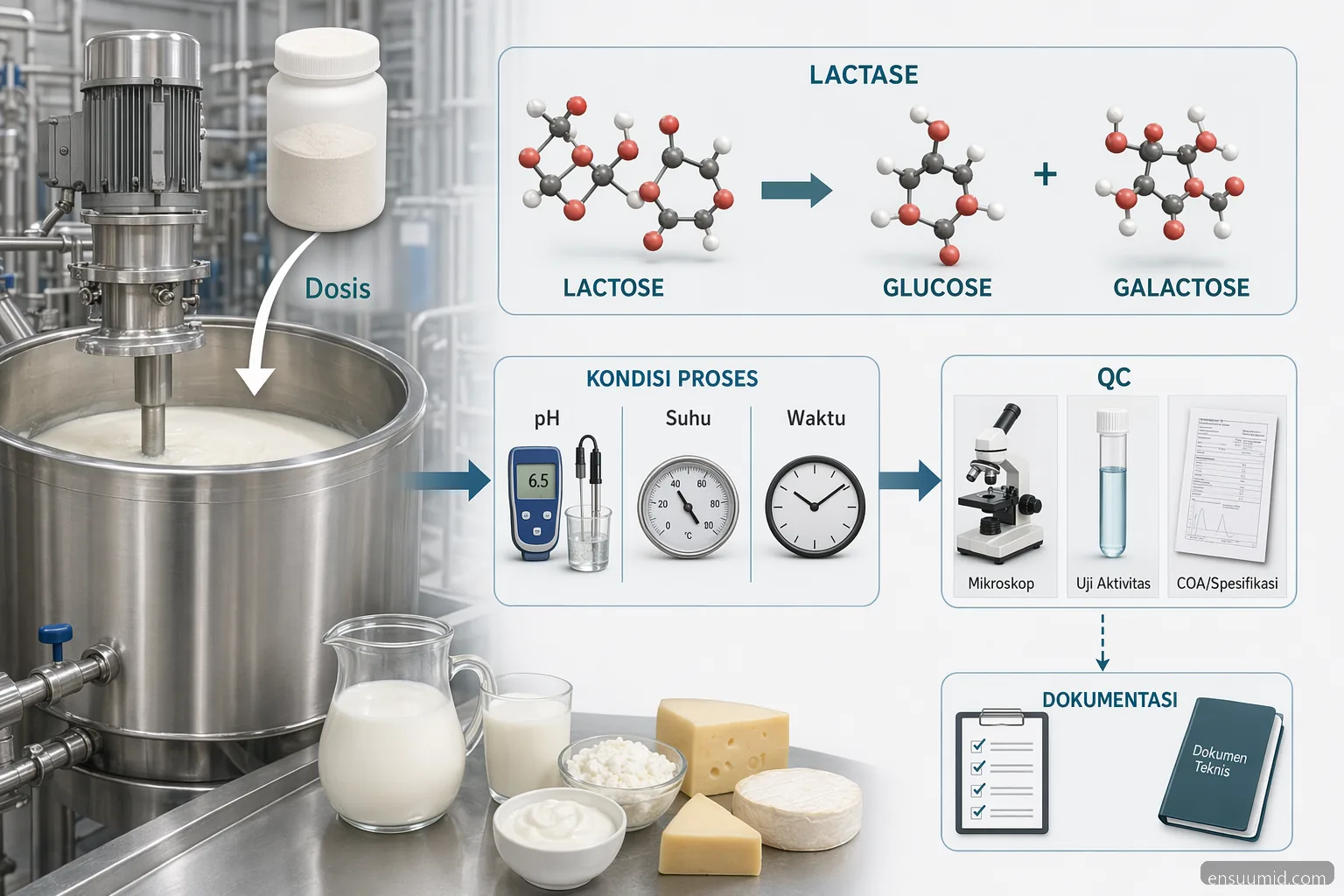 Lactase-entsyymin jauhekäyttöjen infografiikka: laktoosin vähennys, annostus, QC ja toimittajadokumentit