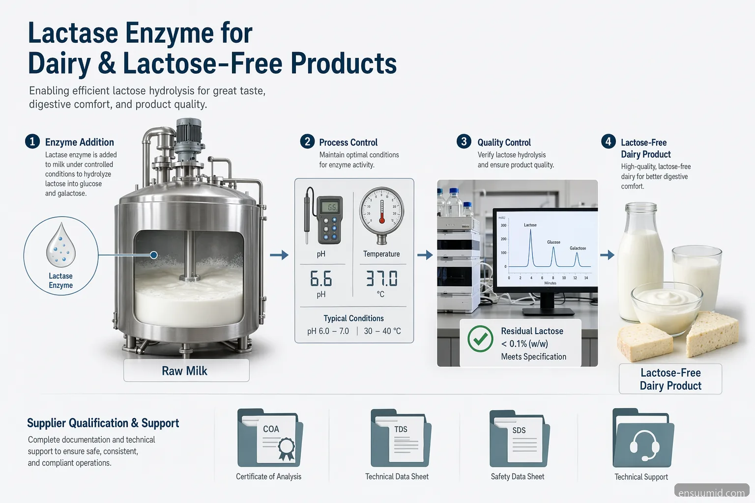 guia de lactase enzyme para dairy sem lactose: tanques, controles de processo, testes de QC e documentação de fornecedor